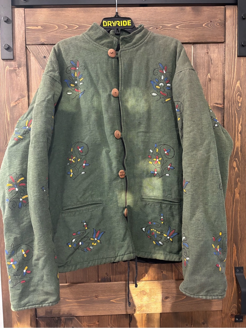 Nepal 100% women’s Cotton Hand Painted Boho Jacket Fleece Lined Green 24” Pit